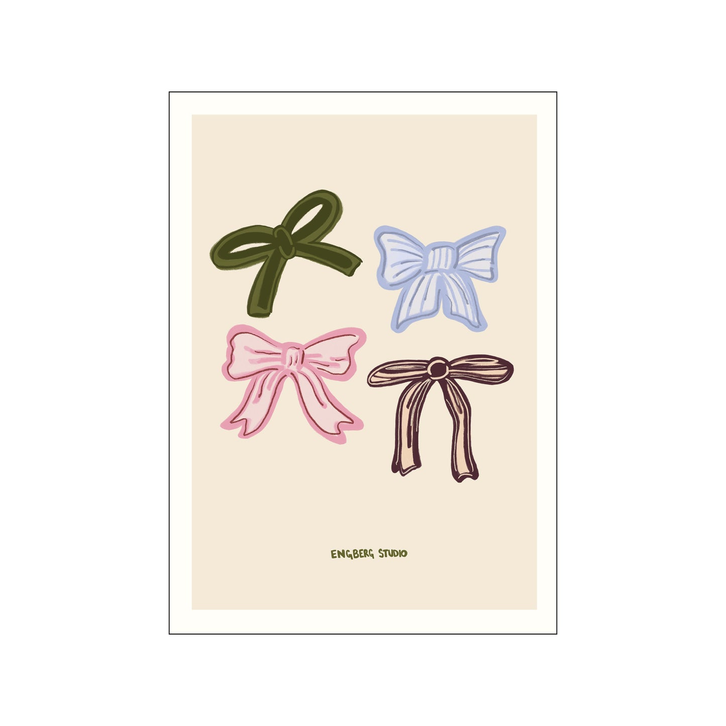 Featuring four hand-drawn bows in olive green, sky blue, blush pink, and deep brown