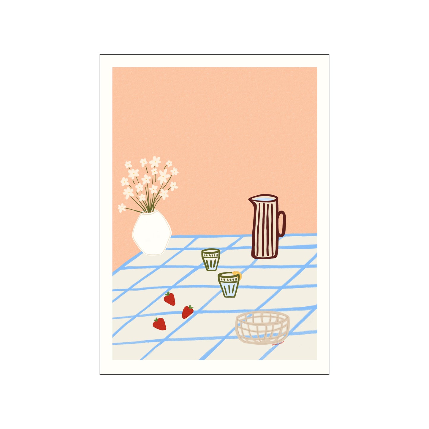 Featuring a striped pitcher, delicate flowers, two glasses, and fresh strawberries arranged on a blue-checkered tablecloth