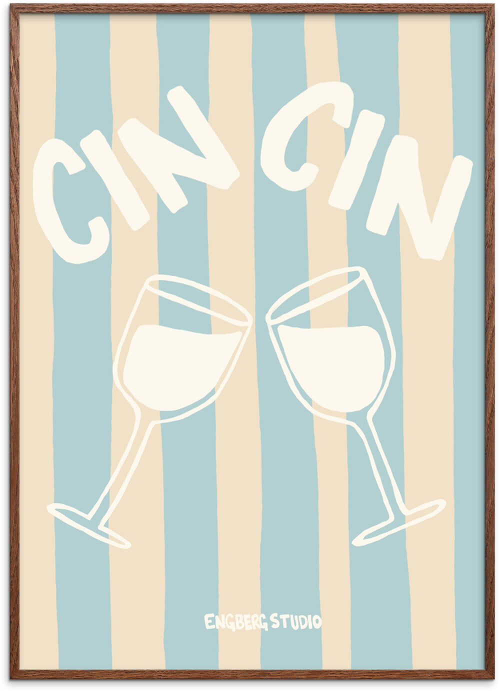 Featuring two clinking wine glasses outlined in white over vertical blue and beige stripes