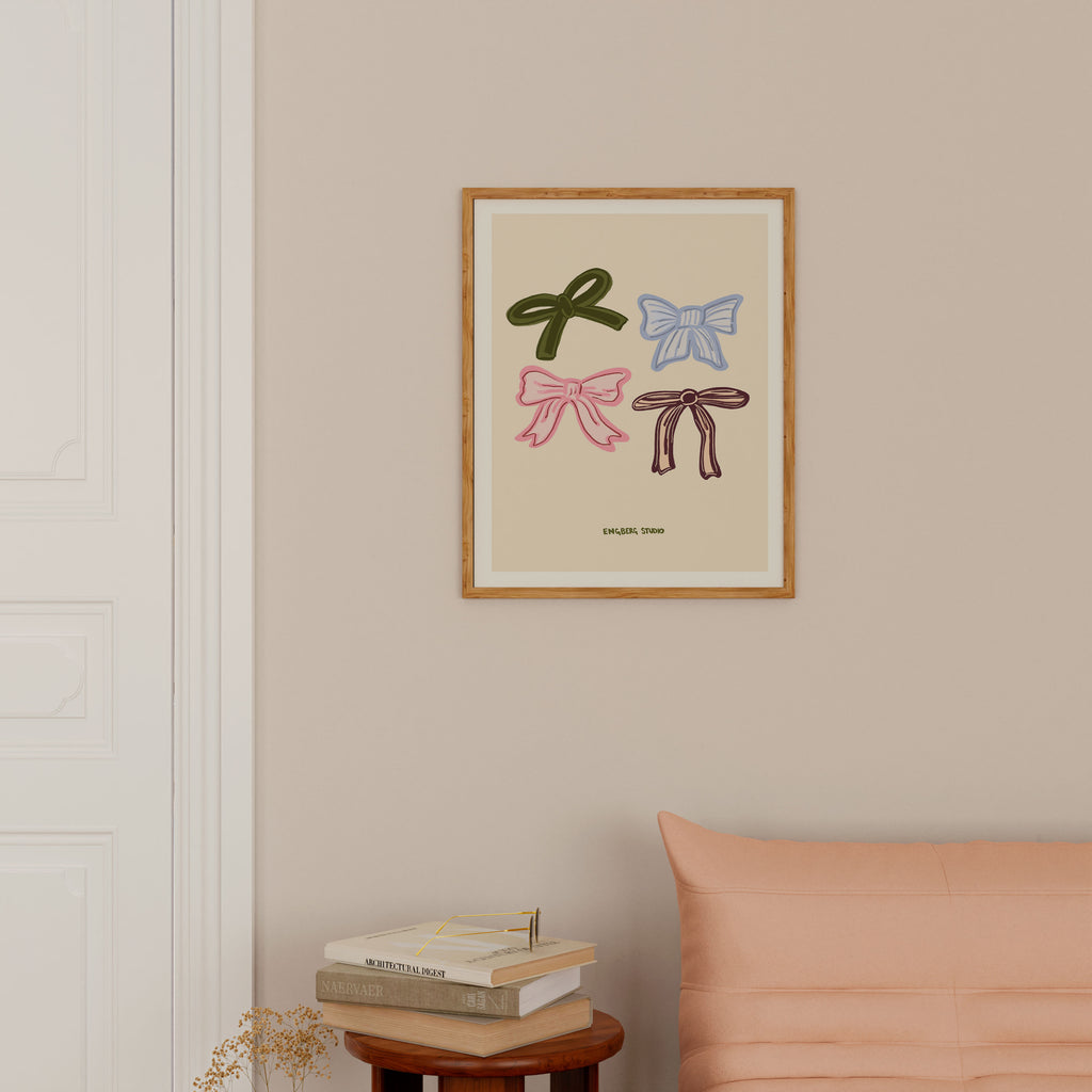 Featuring four hand-drawn bows in olive green, sky blue, blush pink, and deep brown