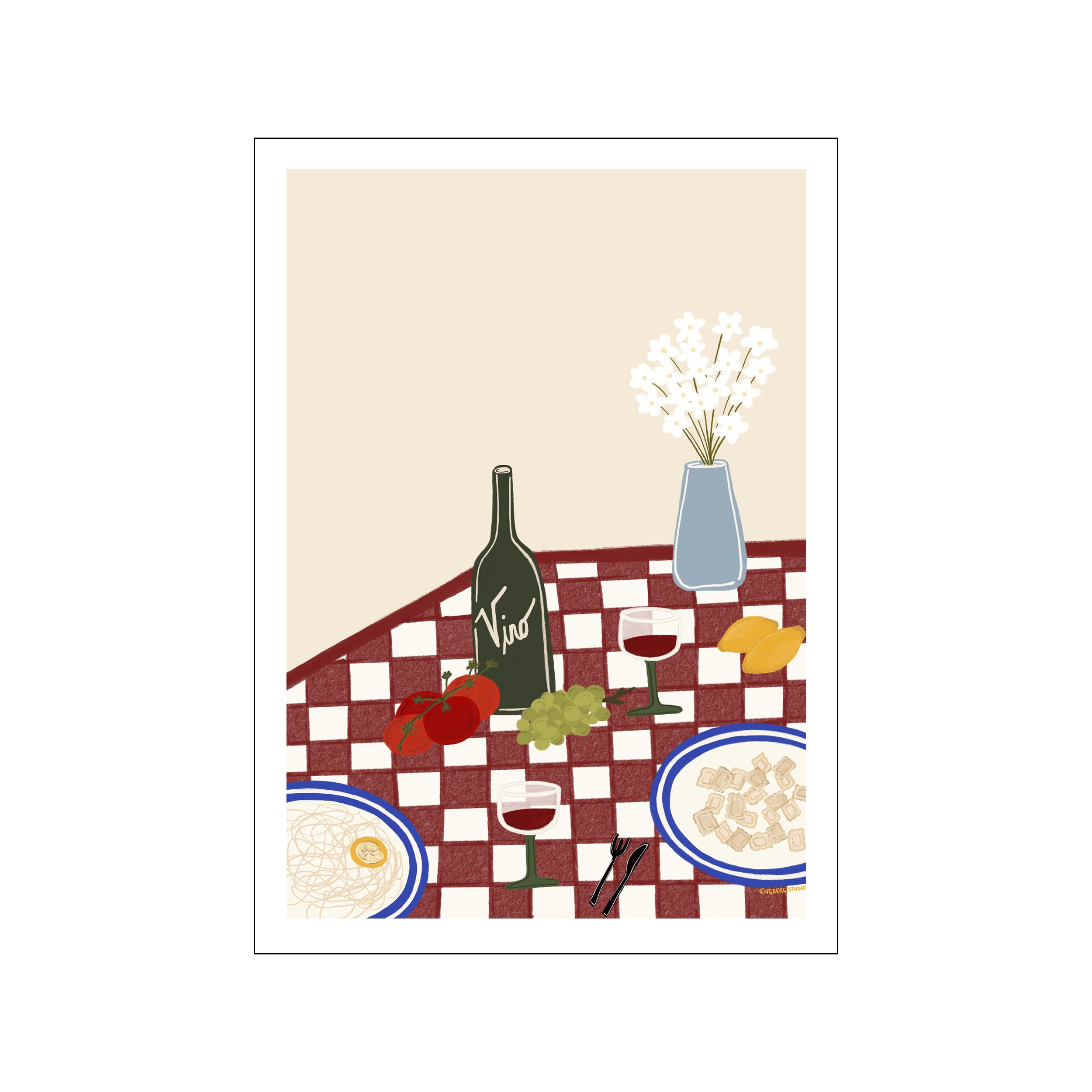 a checkered table set with pasta, wine, citrus, and fresh flowers
