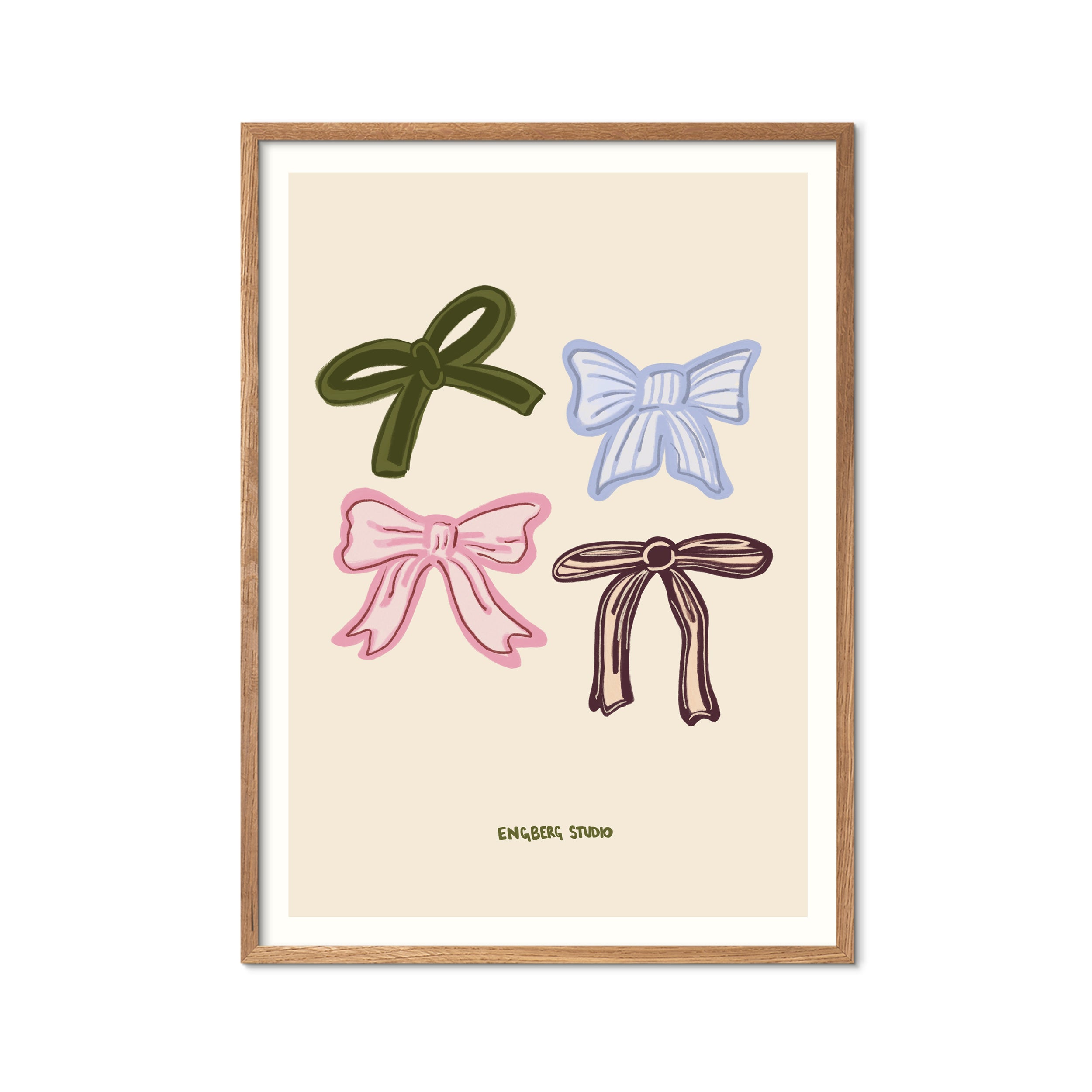 Featuring four hand-drawn bows in olive green, sky blue, blush pink, and deep brown
