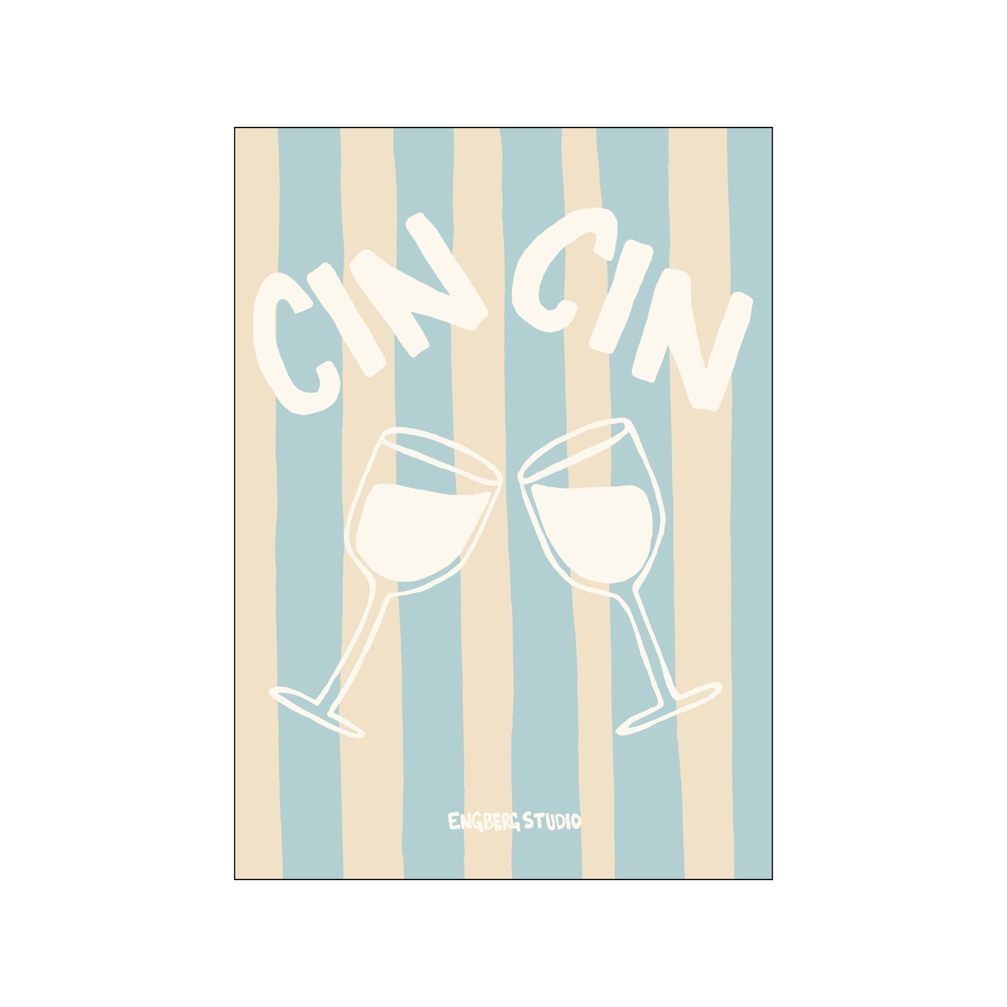 Featuring two clinking wine glasses outlined in white over vertical blue and beige stripes
