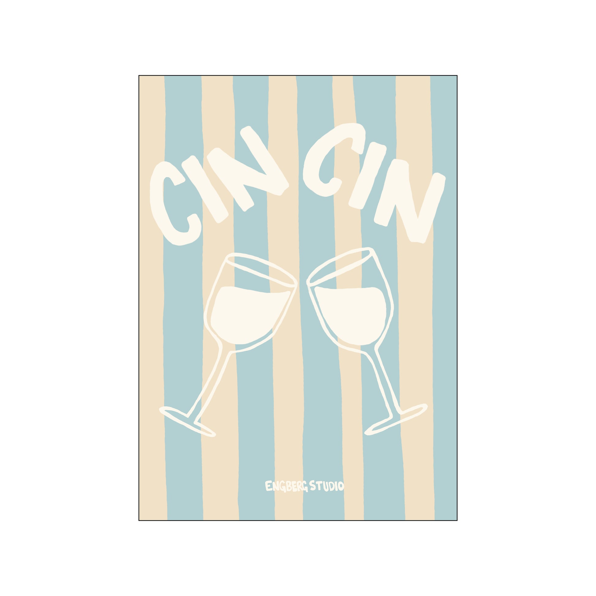Featuring two clinking wine glasses outlined in white over vertical blue and beige stripes