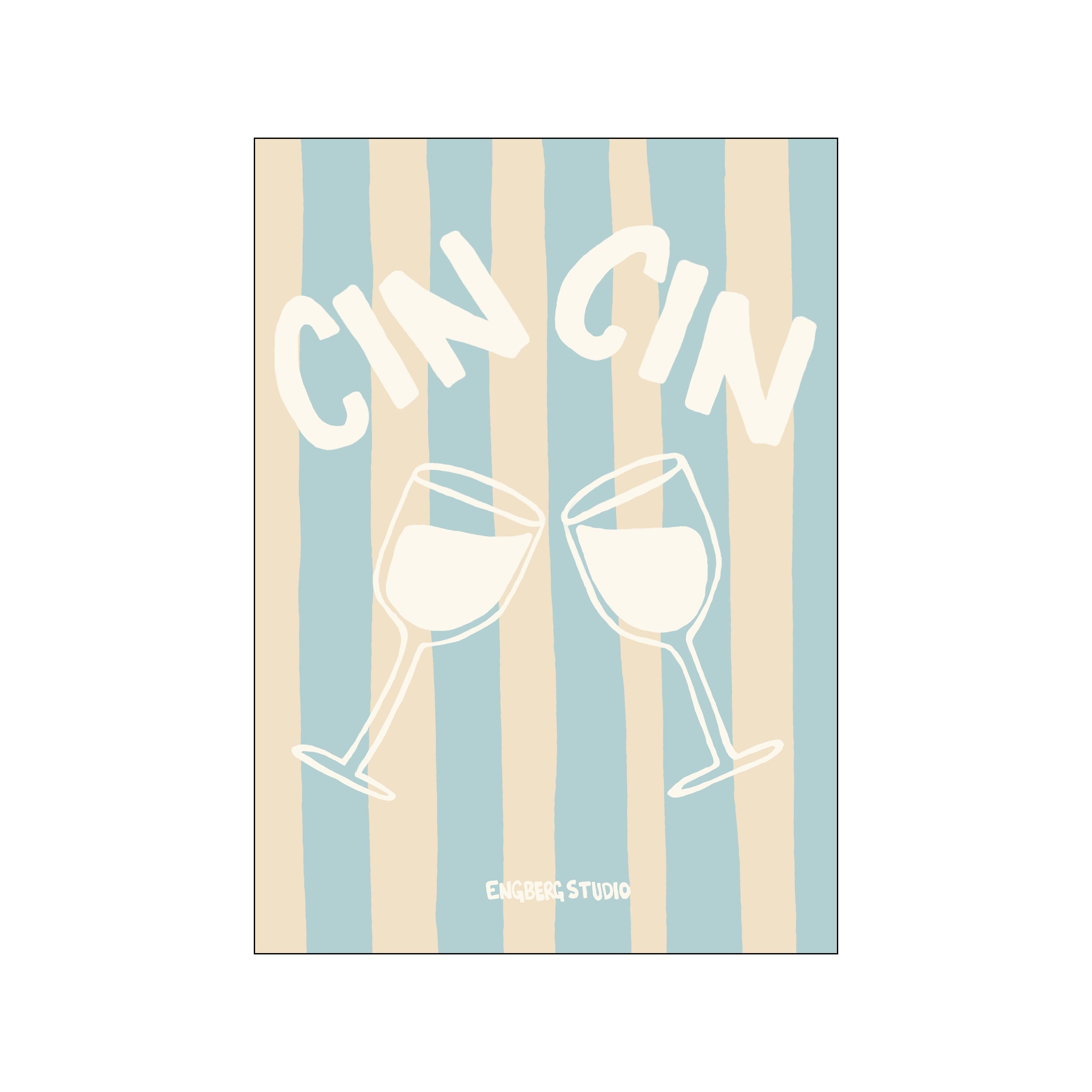 Featuring two clinking wine glasses outlined in white over vertical blue and beige stripes
