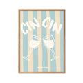 Featuring two clinking wine glasses outlined in white over vertical blue and beige stripes