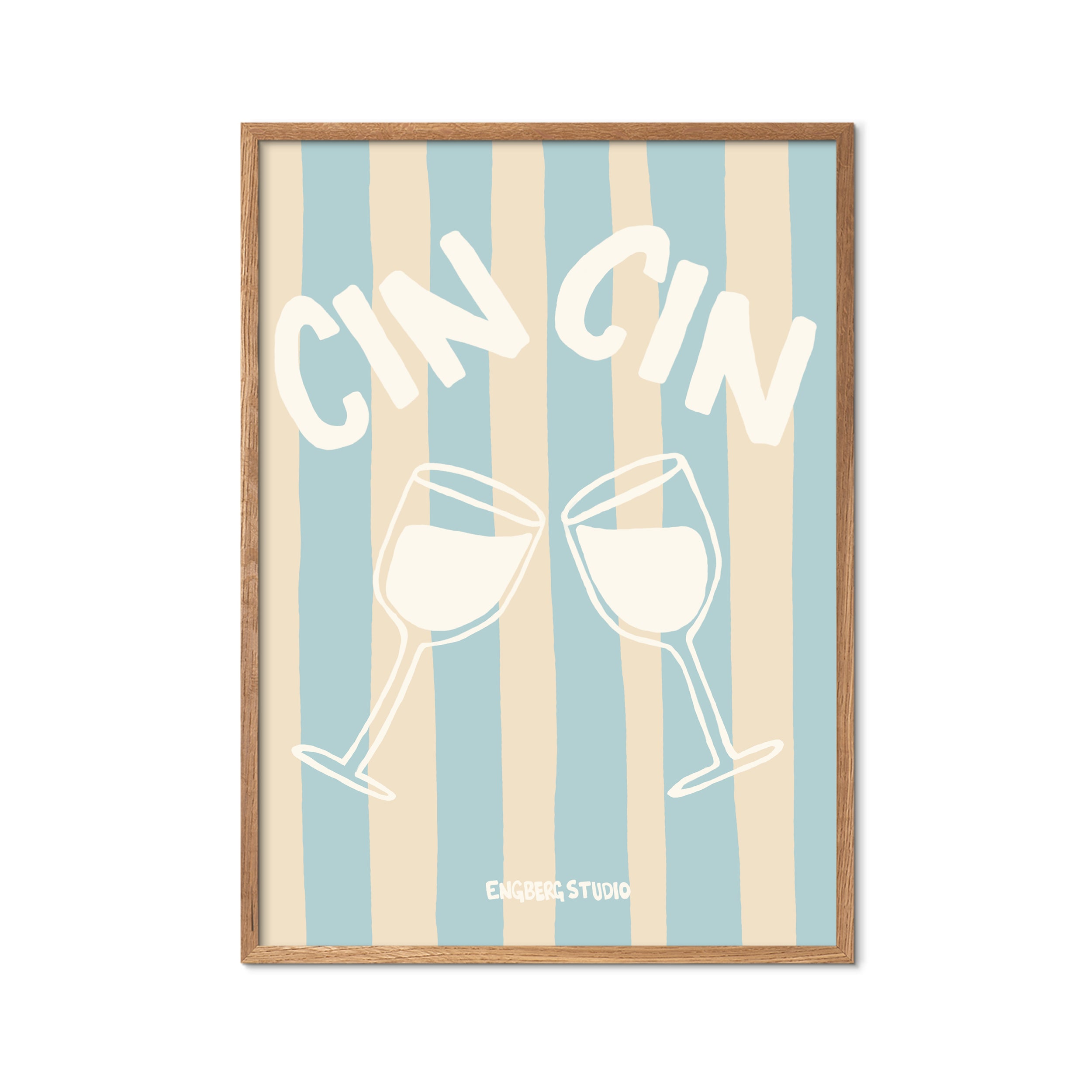 Featuring two clinking wine glasses outlined in white over vertical blue and beige stripes
