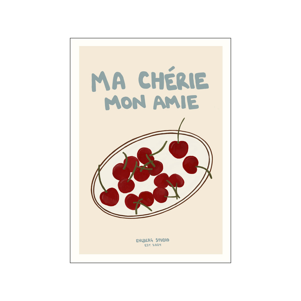 Featuring the French words “Ma Chérie, Mon Amie” in soft blue against a cream background